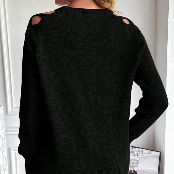 Black Casual Womens Cut Out Raglan Sleeve Crisscross Sweater - Picture 3 of 5